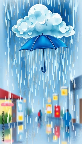 Blue umbrella under rain cloud in heavy rainfall illustration