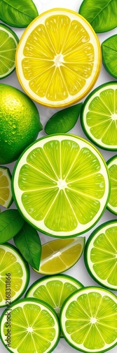 Fresh lemon and lime slices with green leaves pattern