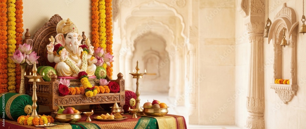 Obraz premium Decorated Ganesha idol on wooden throne during Indian religious holiday festival