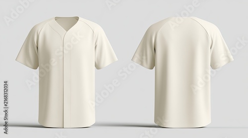 Two views of a plain, cream-colored, short-sleeved baseball jersey