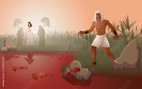 Biblical vector illustration series in neutral colors, the ten plagues of Egypt, first plague, water turned to blood