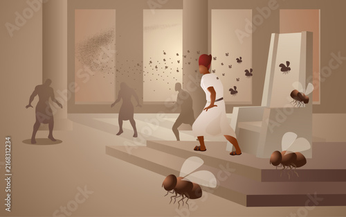 Biblical vector illustration series in neutral colors, the ten plagues of Egypt, fourth plague, plague of flies