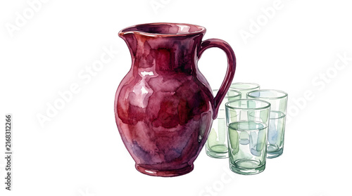 Rustic ceramic pitcher with glass tumblers, purple glazed pottery jug, traditional kitchenware set for serving water isolated PNG with Transparent Background