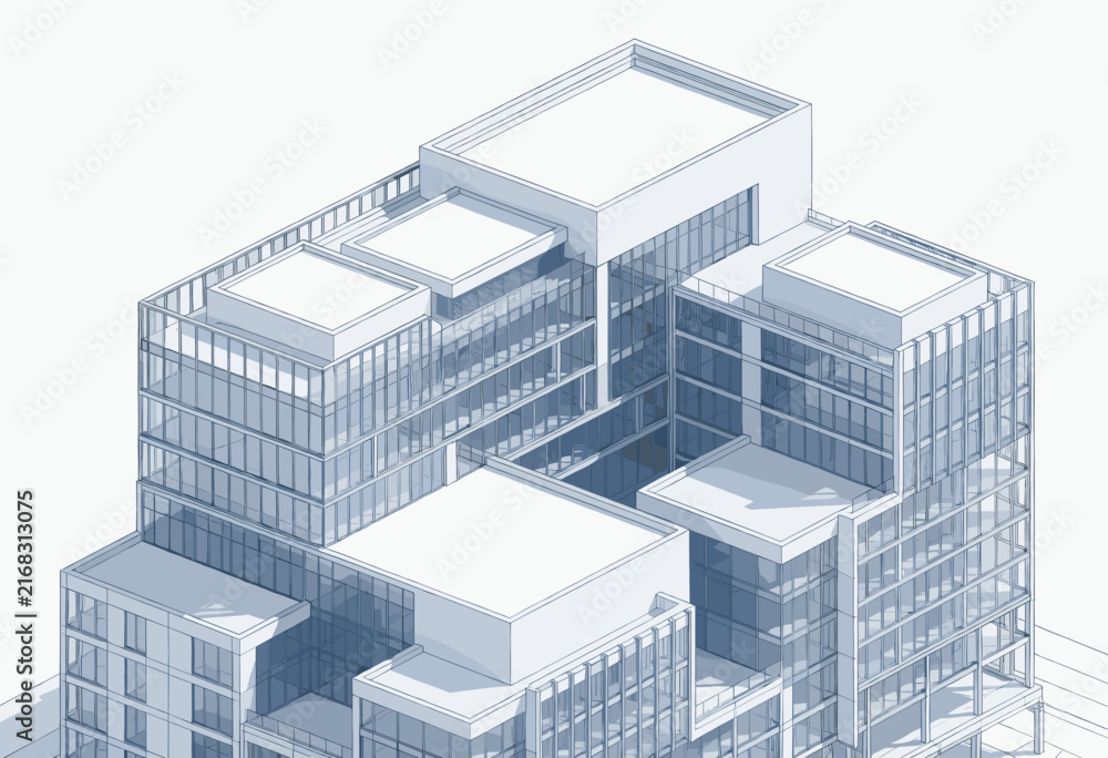 Fototapeta premium Modern Glass Skyscraper Architectural Blueprint Rendering