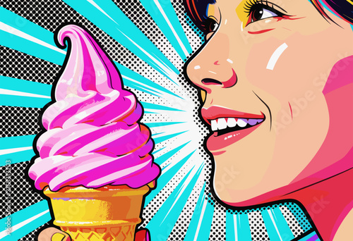 Woman Enjoying Pink Soft Serve Ice Cream in Pop Art Style