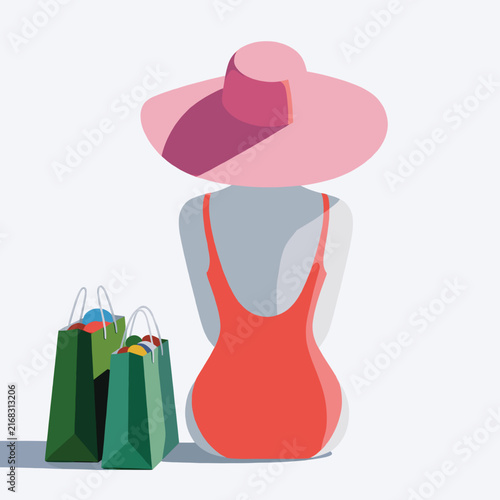 Woman in Pink Hat with Shopping Bags Standing Against White Background