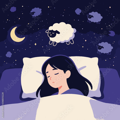 Young Woman Sleeping Peacefully under Starry Night Sky with Sheep Floating Above