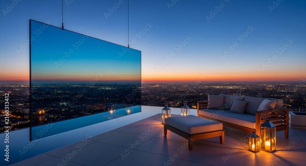 Fototapeta premium Luxury infinity pool terrace at sunset with panoramic city skyline view and lounge furniture
