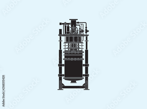 Crisp black silhouette of a quantum cryostat with symmetrical front profile on a white backdrop