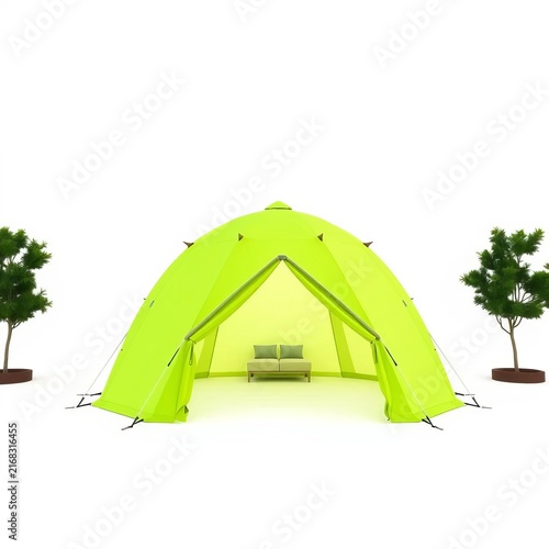 Bright green camping tent with open entrance on white background