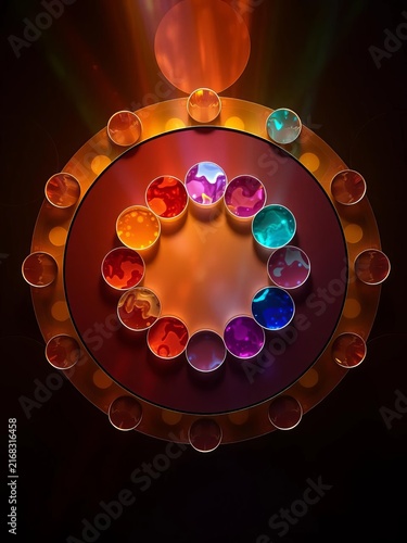 Glowing circular abstract design with colorful glass spheres