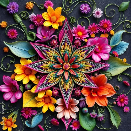 Colorful floral mandala with flowers and leaves on dark background
