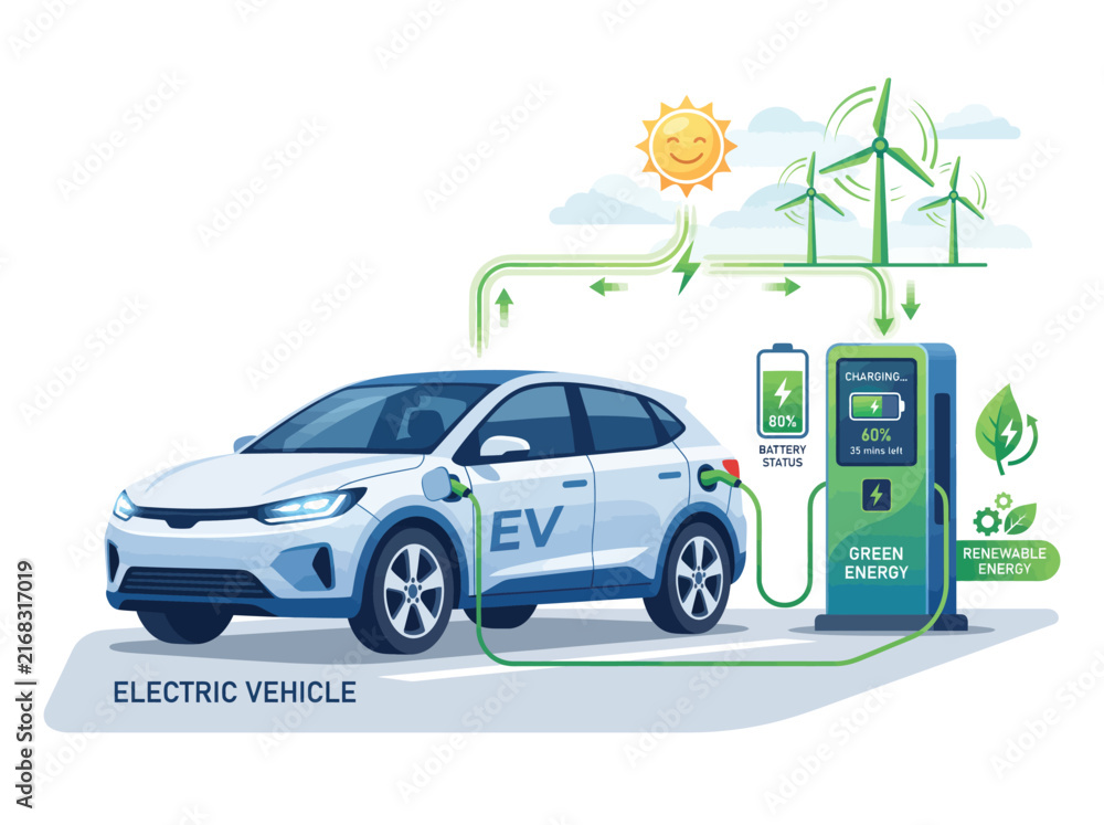 Naklejka premium Electric vehicle charging station powered by green wind and solar energy