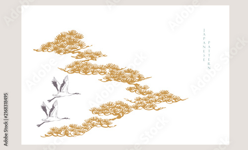 Gold abstractbonsai tree branch and crane birds background with Chinese painting in Traditional style. Brush stroke vector