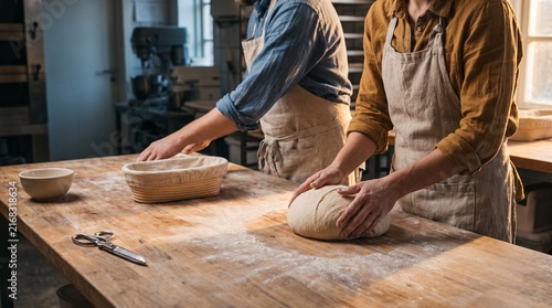 Bakers shape rustic loaves at a floury workbench