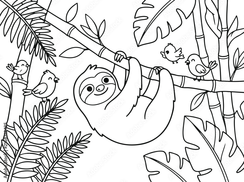 Naklejka premium Cute cartoon sloth hanging on a bamboo branch with birds in the jungle, coloring page for kids