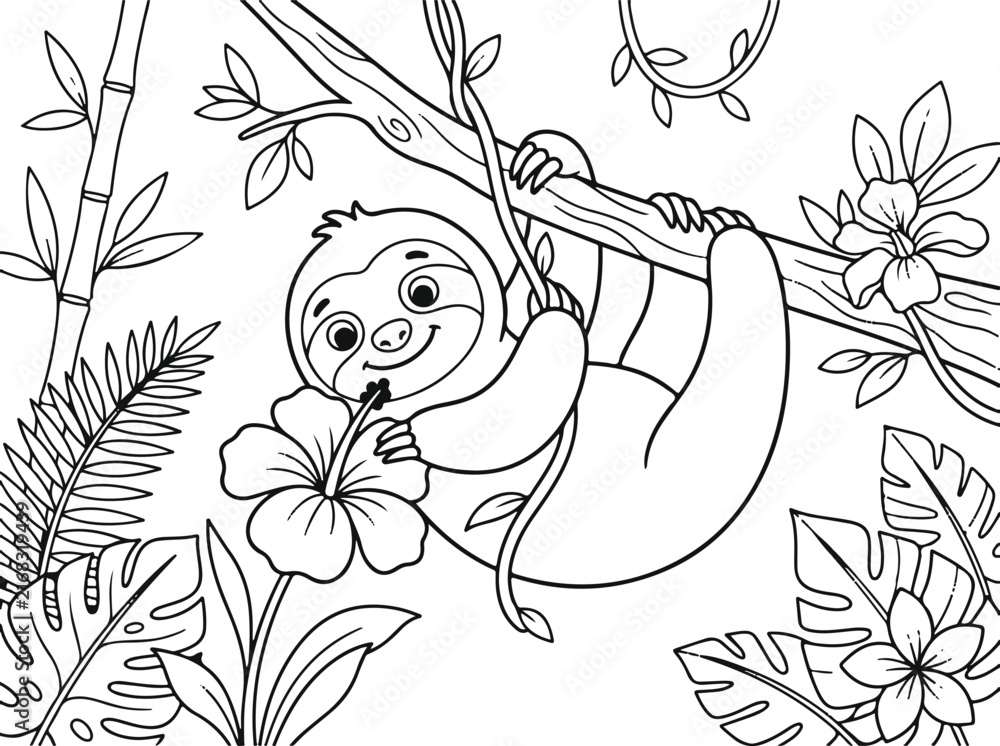 Naklejka premium Cute sloth hanging on a tree branch holding a hibiscus flower, coloring page for kids