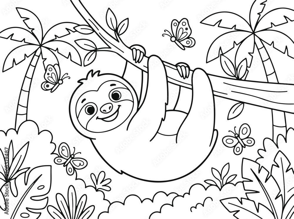 Naklejka premium Cute cartoon sloth hanging from a tree branch in the jungle with butterflies