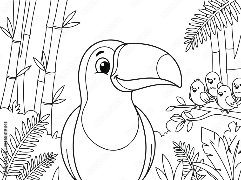 Naklejka premium Cute toucan portrait with small birds in the jungle coloring page