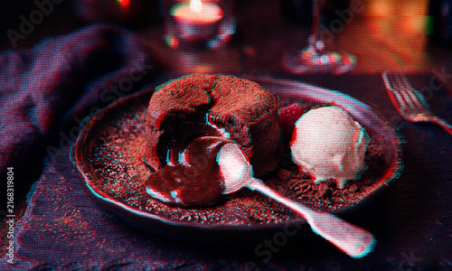 Delicious chocolate fondant dessert with vanilla scoop and red cyan chromatic aberration texture for gourmet menu cover