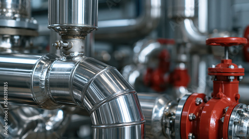Polished stainless steel pipe with red industrial valve in processing facility