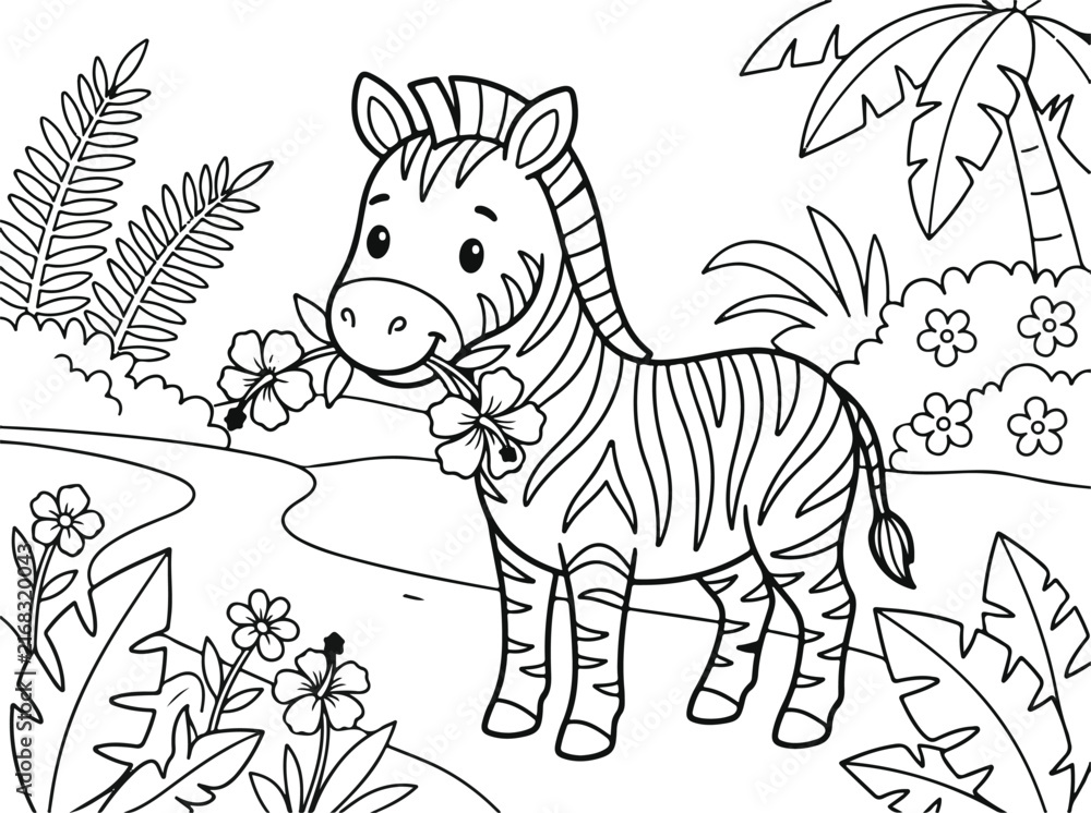 Naklejka premium Cute cartoon zebra standing in the jungle with flowers, coloring page for kids