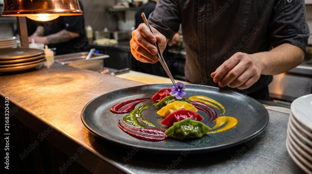 Fototapeta premium Chef finishes jewel dumplings at restaurant pass