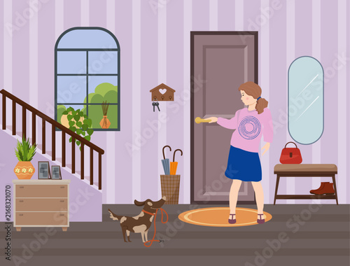 Woman opening entrance door in cozy home hallway interior with dog on leash ready for walk. Pet ownership and everyday domestic life concept. House entrance illustration