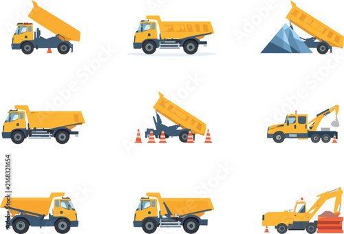 Yellow dump truck construction vehicle icons set for projects