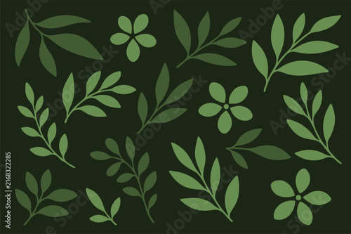 Green botanical leaves, tree branches, and small flowers vector set on dark green background. Modern organic foliage elements for pattern design.