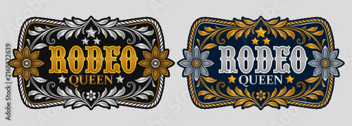 Rodeo Queen tag label belt buckle wild west rodeo Cowgirl style endearment emblem stylized Western decor vector design.