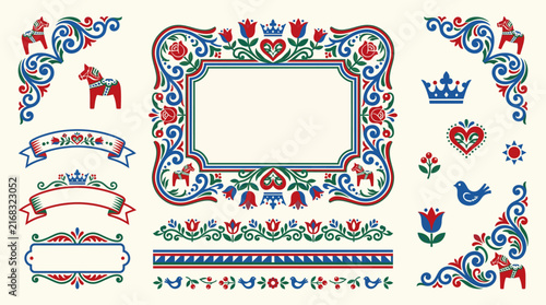 Swedish Dala Folk Art Frame Border Ornamental Decorative Set