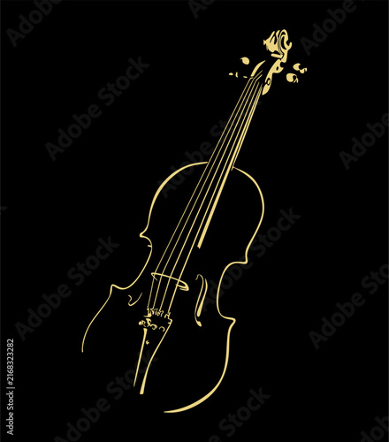 Gold and black line drawing of a violin or cello. Modern retro vector illustration for classical music concerts, orchestra, music lessons and festival branding.