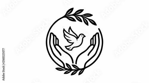 Minimalist Line Art of Hands Holding a Flying Dove with Olive Leaves Wreath for Peace Concept
