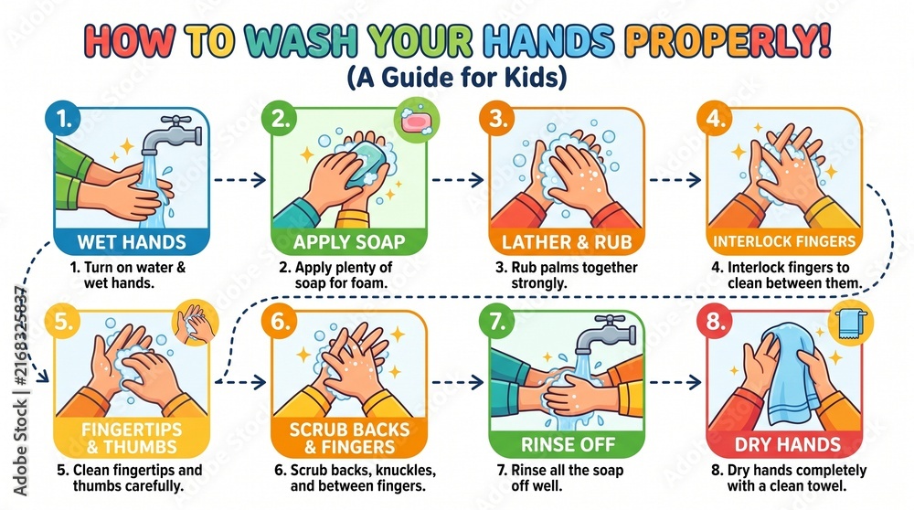 Fototapeta premium How to Wash Your Hands Properly Guide for Kids Infographic Vector showing 8 Steps Hand Hygiene Routine