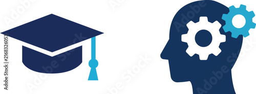 Education Learning Innovation Icon - Graduation Cap Brain Gears Thinking Vector Illustration Blue Academic STEM Design Element