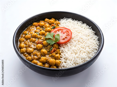 Bowl of chana masala with basmati rice and a slice of tomato, isolated on white background