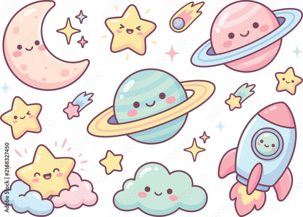 Fototapeta premium Cute Kawaii Galaxy Planet Moon and Stars Icon Set