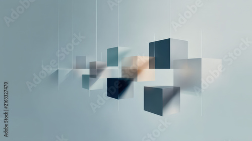 Abstract composition of suspended cubes in varying shades of blue, gray, and teal, creating a modern and sophisticated aesthetic with a sense of depth and dimension.