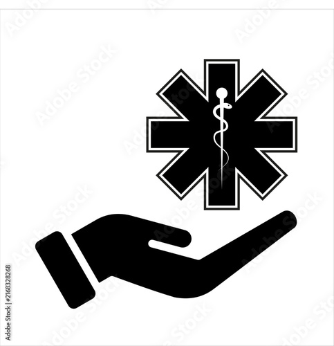 Hand Holding Star of Life Medical Symbol with Rod of Asclepius