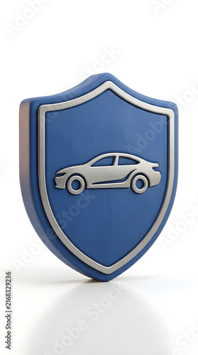 3D rendered blue shield icon with a silver car symbol representing automotive insurance coverage.