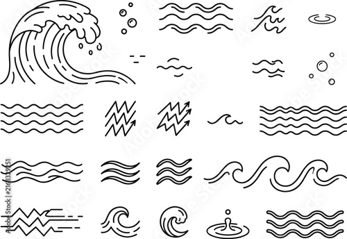Ocean wave vector icons set featuring sea water ripples splash curls ripple patterns surf tsunami and drop symbols for marine branding graphic design elements