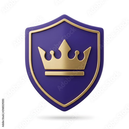 3D render of a purple shield with a golden crown icon isolated on white background.