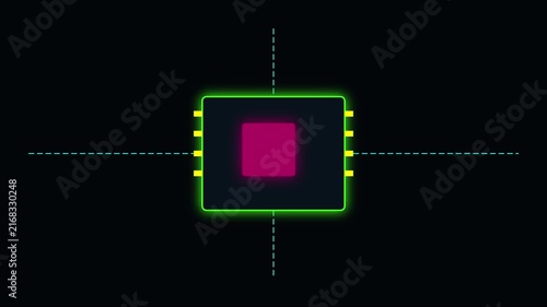 Digital microchip processor glowing with neon circuitry lines for technology and computing concepts animation 4k