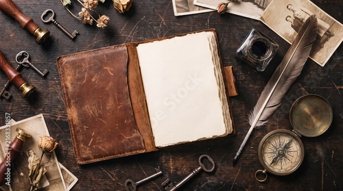 Open leather journal with vintage writing tools and antique photographs on a wooden table with surrounded antique items including keys compass pages sits surrounded ink old photographs calligraphy