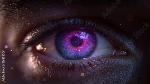 Reacting to pulsed light, eye shifting iris hues, half-blinking, reopening magenta in studio macro