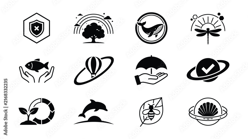 Fototapeta premium Black and White Line Art Icons Showing Nature and Environmental Conservation Elements