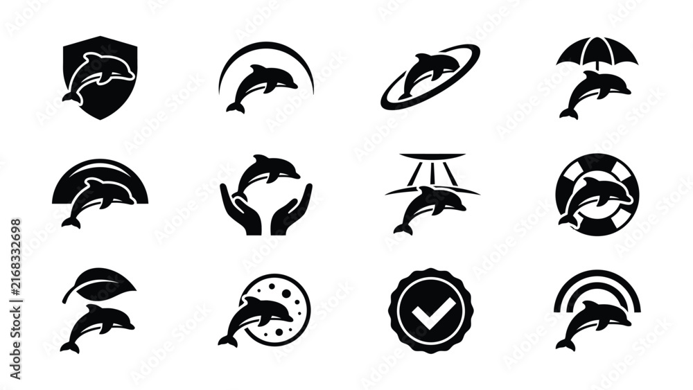 Fototapeta premium Creative Dolphin Icons Set With Various Unique Symbol Designs On Transparent Background