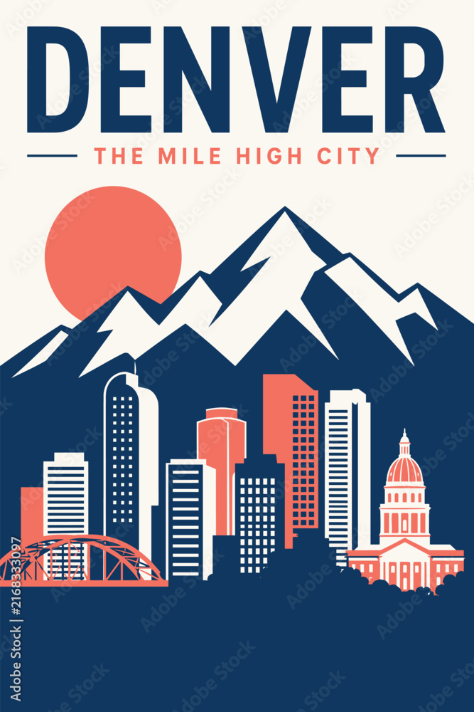 Naklejka premium Denver Mile High City Skyline Travel Poster Vector Illustration