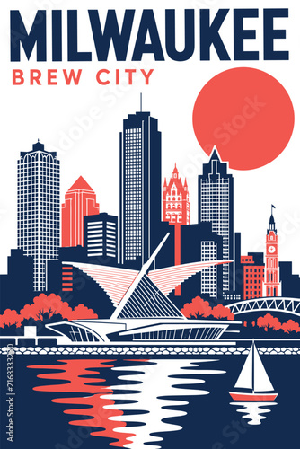 Milwaukee Brew City Skyline Travel Poster - Vector Illustration